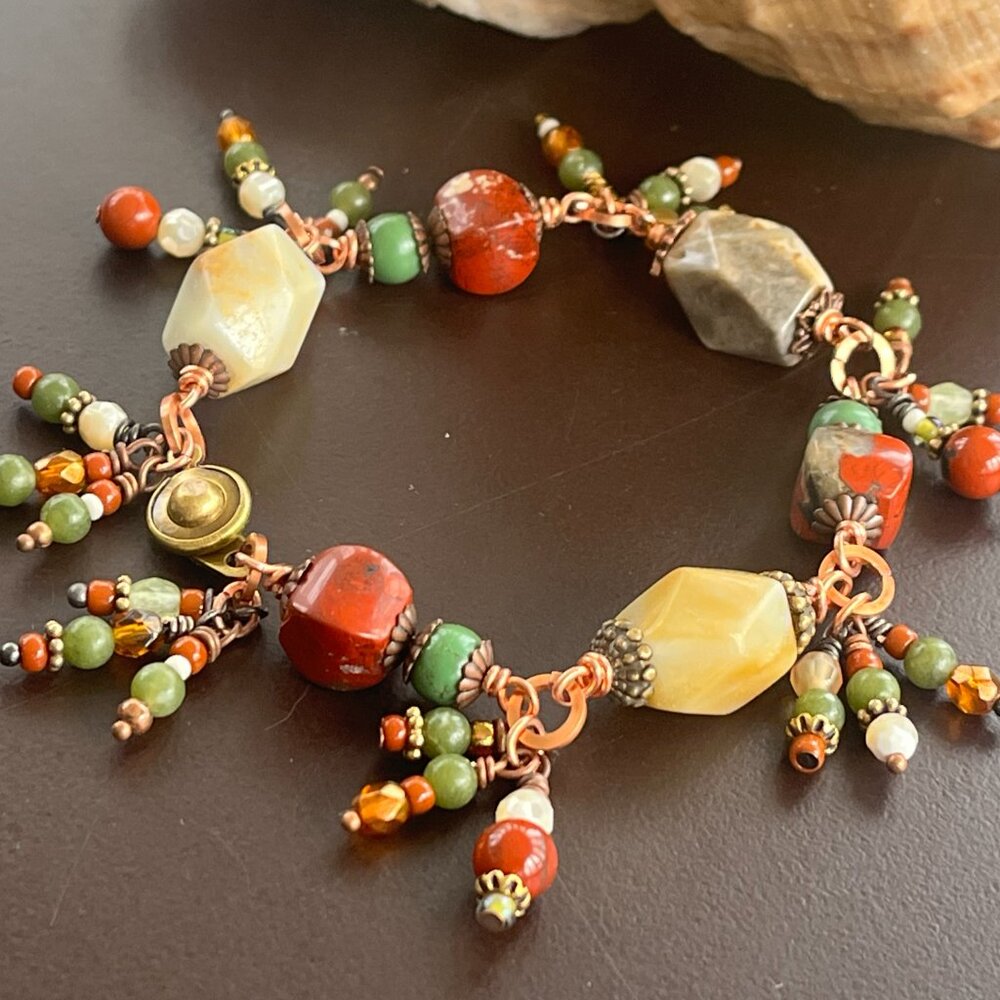 Boho Gemstone Bracelet, Jasper, Agate, Turquoise Jewelry, Handcrafted Wire Wrap - Picture 7 of 9
